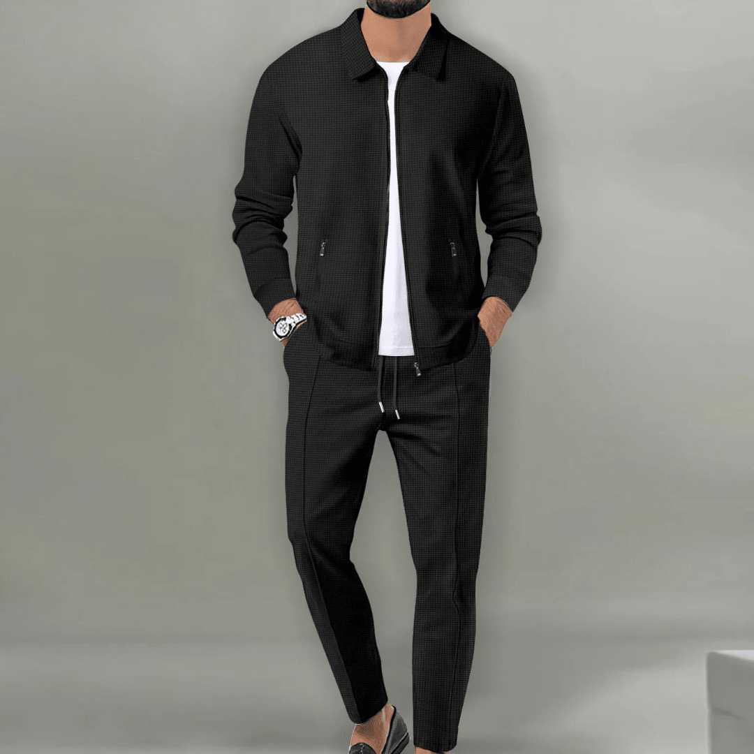 Spencer men's textured zip jacket and trousers set in black