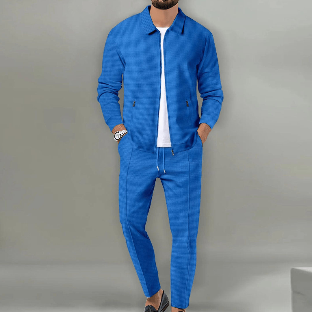 Spencer men's textured zip jacket and trousers set in blue