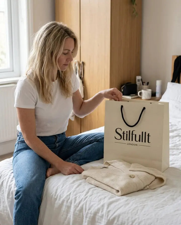 Woman in blue jeans with cream cardigan and Stilfullt London bag on bed