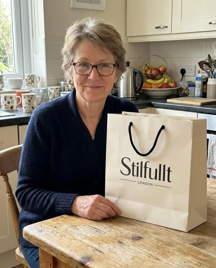 Older woman beside Stilfullt London shopping bag at a kitchen table