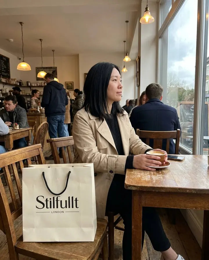 Woman at a London café with Stilfullt shopping bag beside her