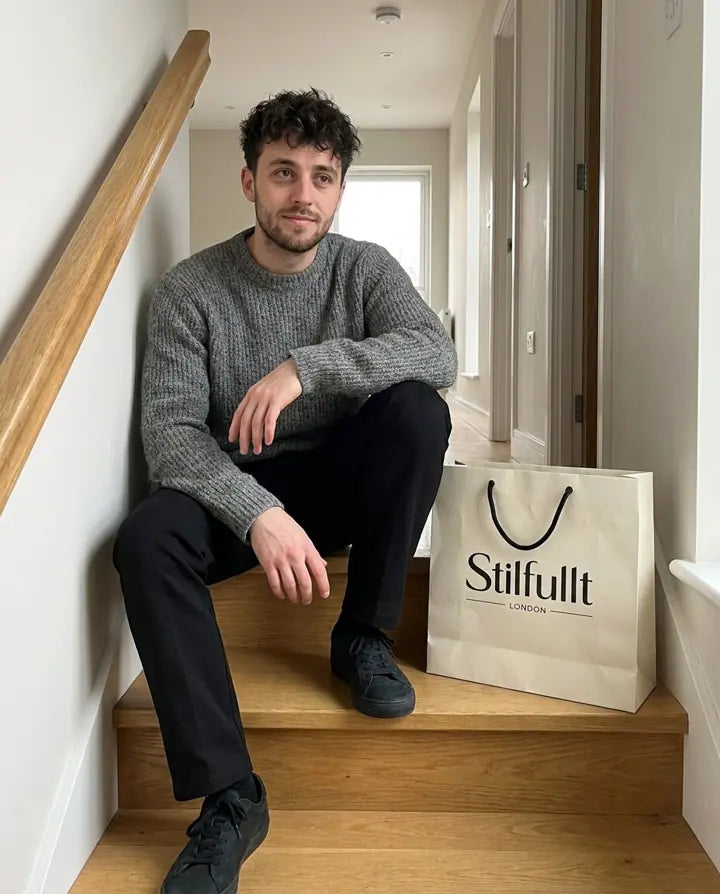 Man in grey knitted jumper beside Stilfullt London bag on stairs