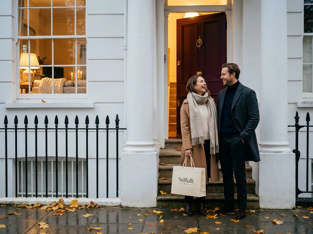 Couple laughing outside a white townhouse on an autumn evening, holding a Stilfullt shopping bag