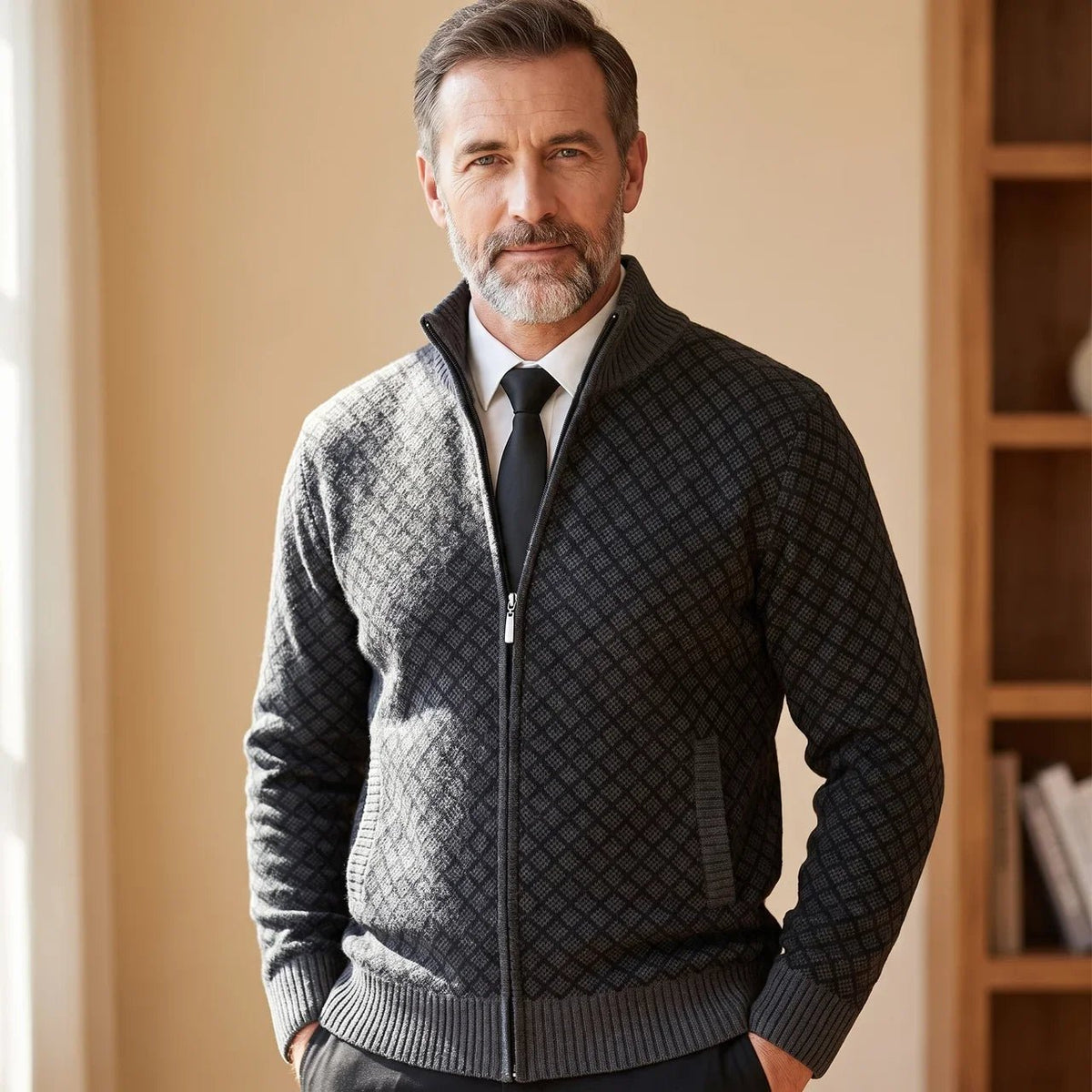 Svend | Strikket Rudemønstret Herrecardigan med Lynlås - StilfulltMen's vestsDMED4-SW164017BlåMSvend | Strikket Rudemønstret Herrecardigan med Lynlås