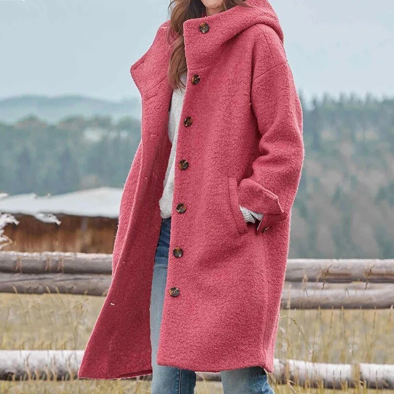 Sybil long hooded winter coat in pink