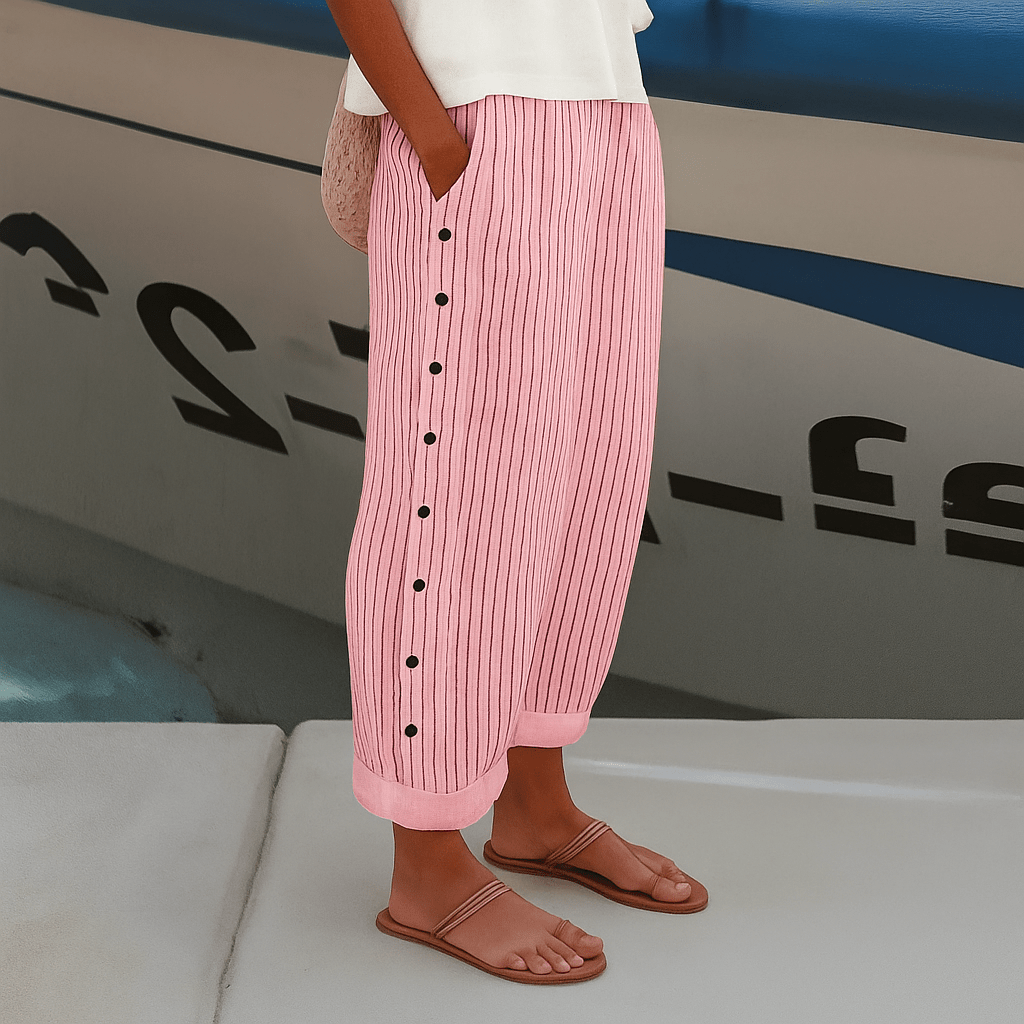 Tatum | Pantalón Recto con Panel de Rayas y Botones - StilfulltWomen's pantsRosaXSTatum | Pantalón Recto con Panel de Rayas y Botones