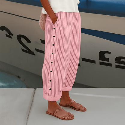 Tatum | Pantalón Recto con Panel de Rayas y Botones - StilfulltWomen's pantsRosaXSTatum | Pantalón Recto con Panel de Rayas y Botones