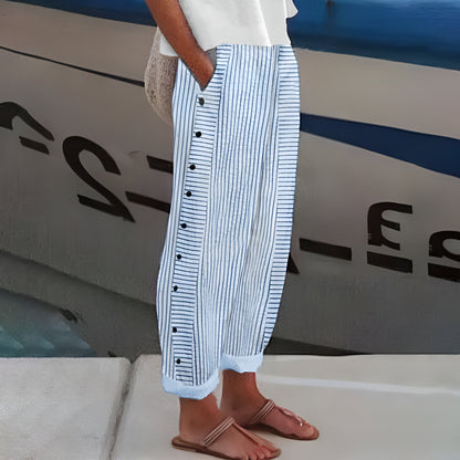 Tatum | Pantalón Recto con Panel de Rayas y Botones - StilfulltWomen's pantsRosaXSTatum | Pantalón Recto con Panel de Rayas y Botones