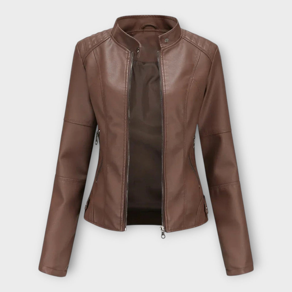 Vasilisa | Chaqueta Efecto Piel Entallada con Cuello Mao - StilfulltWomen's jacketsMarrón oscuroXSVasilisa | Chaqueta Efecto Piel Entallada con Cuello Mao