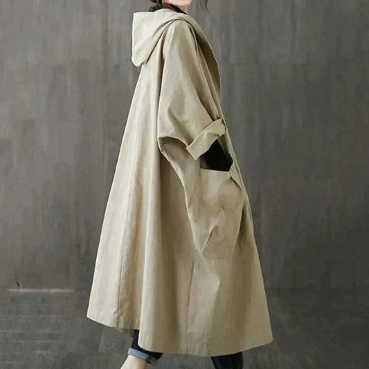Venetia oversized hooded cotton trench coat in khaki