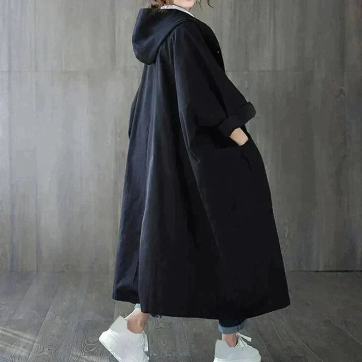 Venetia oversized hooded cotton trench coat in black