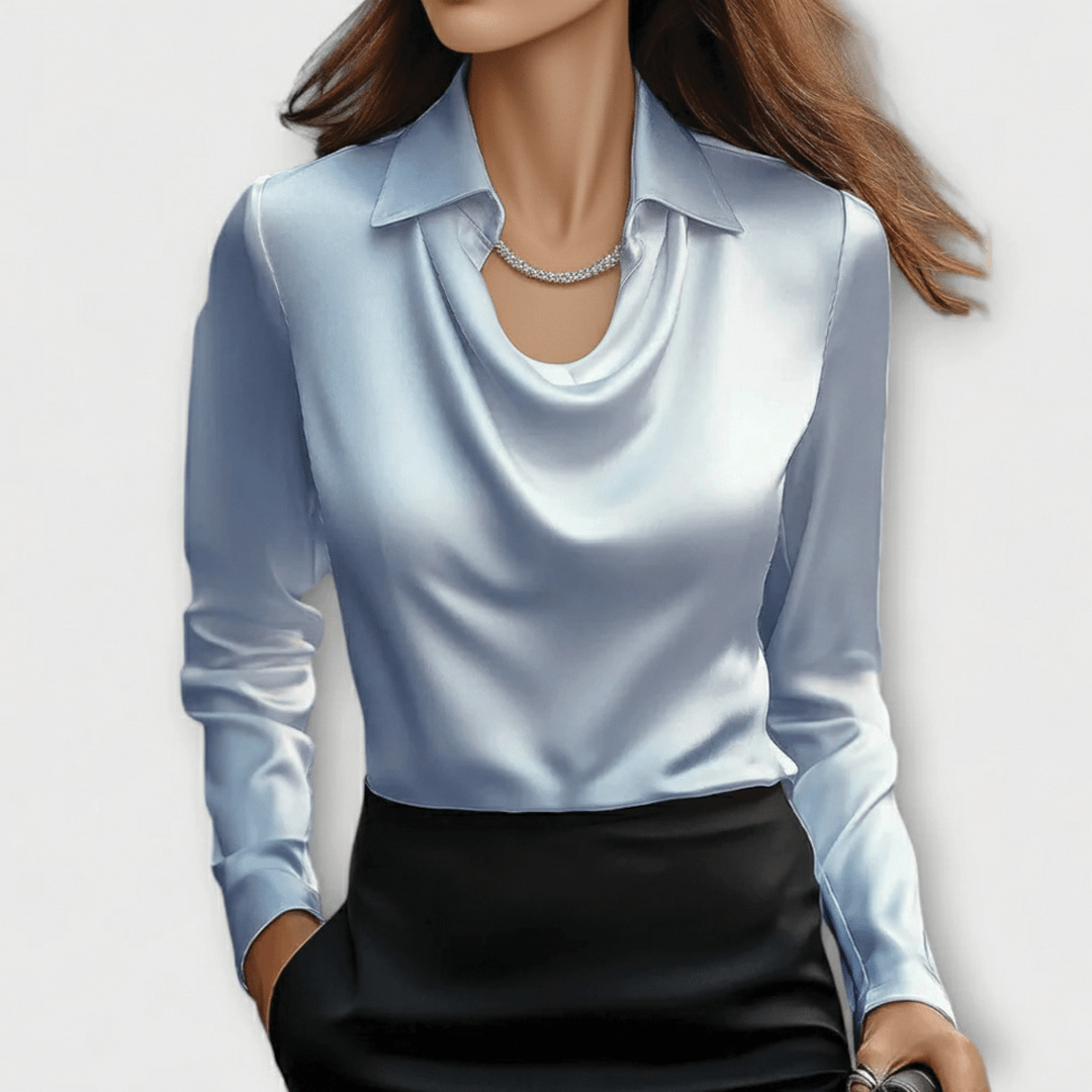 Verity | Blusa de Satén con Cuello y Escote Drapeado - StilfulltWomen's blousesAzul claroXSVerity | Blusa de Satén con Cuello y Escote Drapeado